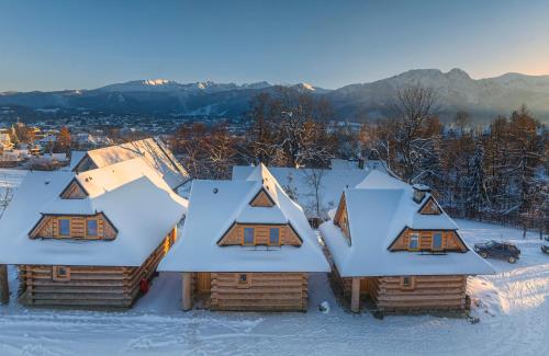a group of log homes covered in snow at Osada Gąsienica Centrum Zakopane in Zakopane