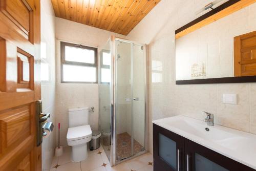 a bathroom with a toilet and a shower and a sink at Villa Andres - PlusHolidays in Calpe