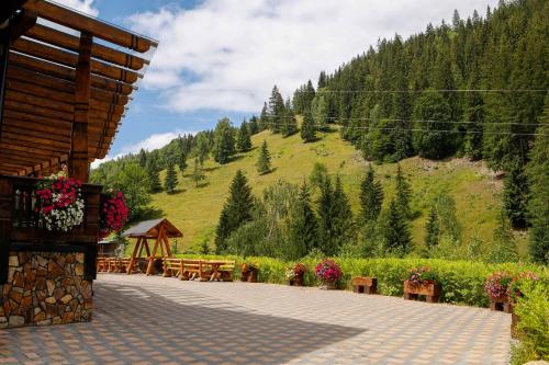 a patio with tables and flowers and a mountain at Casa Baciu Colacu in Fundu Moldovei