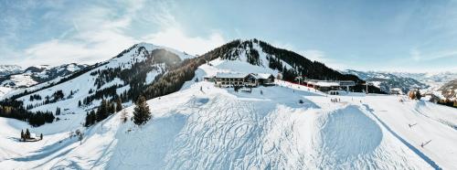 a ski lodge on top of a snow covered mountain at KRAFTalm in Itter