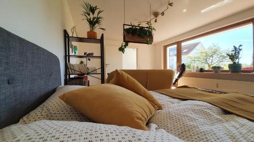 um quarto com uma cama com almofadas e uma janela em Traumhafte Gartenwohnung in Überlinger Hanglage - Zur goldenen Kiwi em Überlingen