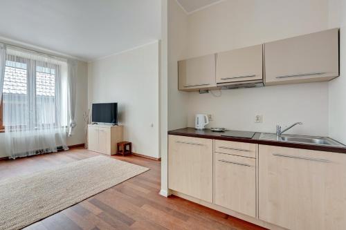 kuchnia z białymi szafkami i umywalką w pokoju w obiekcie Dom & House - Apartamenty Nautilus Jelitkowo 50 metrów od plaży w Gdańsku