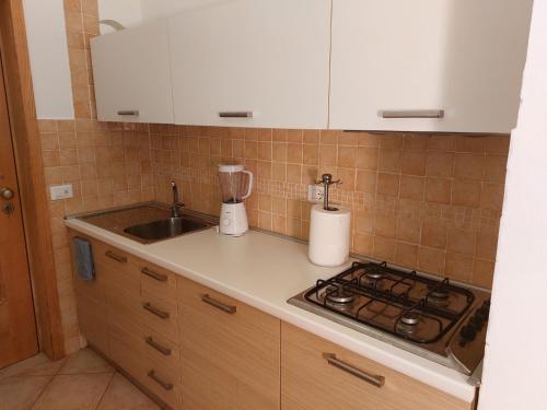 a kitchen counter with a sink and a stove at Apartamento Antunes in Santa Maria