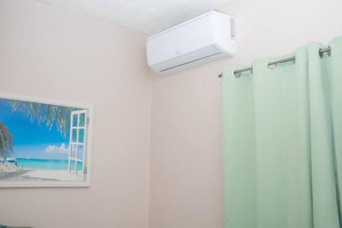 a bathroom with a shower curtain and a window at Lovely 2-Bedroom Apt Sleeps 3 Warm & Cosy in Belmont