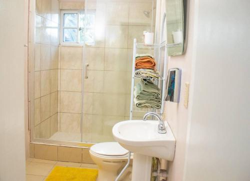 a bathroom with a toilet and a sink and a shower at Lovely 2-Bedroom Apt Sleeps 3 Warm & Cosy in Belmont