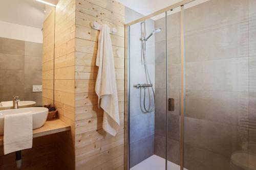 La salle de bains est pourvue d'une douche et d'un lavabo. dans l'établissement Baita sulle piste in Valmalenco, à Chiesa in Valmalenco