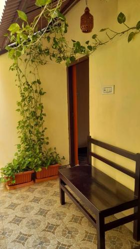 VILLA UMAR HOMESTAY في بونديتْشيري: كرسي خشبي جالس في غرفة بالنباتات