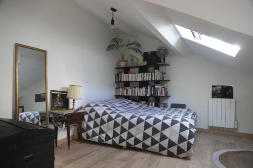 a bedroom with a bed and a book shelf with books at Loft Saint-Denis/Porte de Paris in Saint-Denis