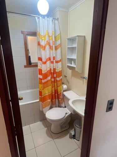 Departamento Rukalma Tolten في فيلاريكا: حمام مع مرحاض وستارة دش