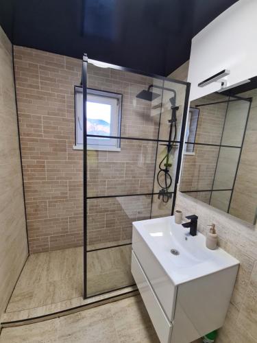 ein Badezimmer mit einem weißen Waschbecken und einer Dusche in der Unterkunft Diamonds House 2 in Lupeni