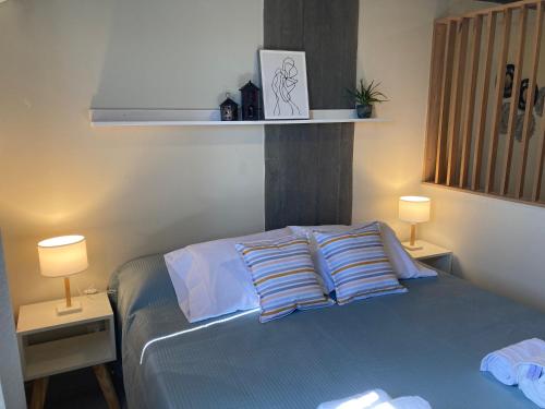 a bedroom with a blue bed with two pillows at Moderno alojamiento con desayuno de bienvenida in San Miguel de Tucumán