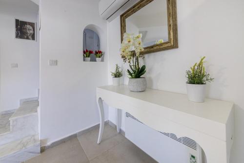 Habitación blanca con espejo y plantas sobre una mesa en Amazing Duplex House with Sea View in Bodrum, en Gümüşlük