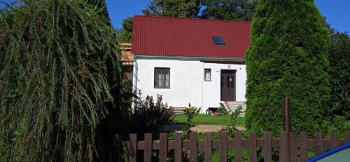 una casa blanca con un techo rojo detrás de una valla en Chalupa Kojetice en Kojetice