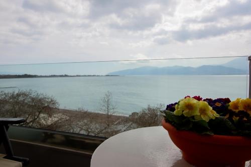 a bowl of flowers on a table with a view of the water at goldenbeach in Nafpaktos
