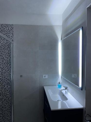 een badkamer met een wastafel, een spiegel en een douche bij HomeSweetHome - Pavarolo ,TO, Italia in Pavarolo