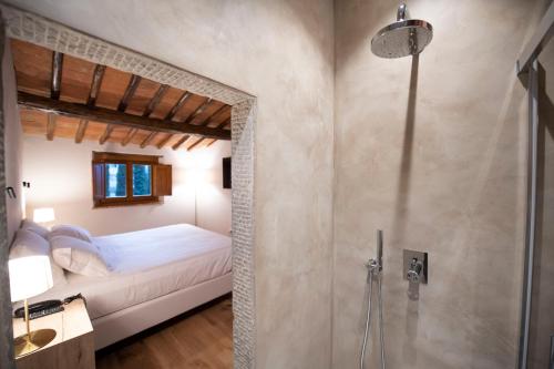 a bathroom with a shower and a bed in a room at Villa Barberino in Meleto