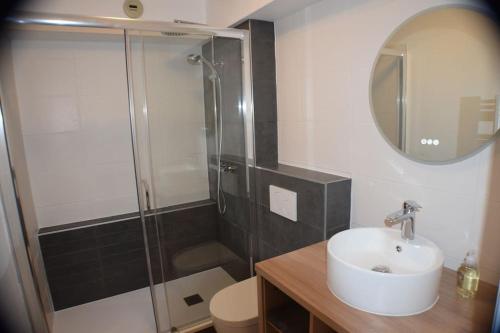 La salle de bains est pourvue d'un lavabo et d'une douche avec un miroir. dans l'établissement Appt Perros Guirec sur plage Trestraou et côte granit rose, à Perros-Guirec