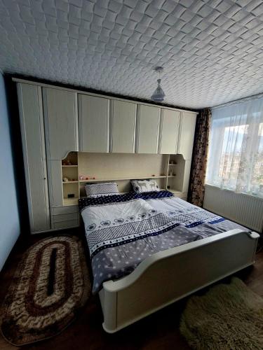 1 dormitorio con 1 cama en una habitación con techo en Apartament Bia, en Lupeni