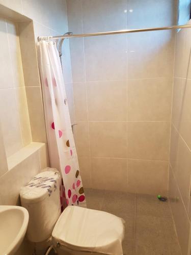een badkamer met een toilet en een douchegordijn met harten bij Lauwrens Guest House in Makassar