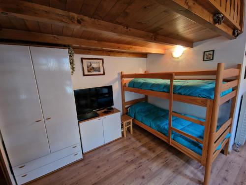 a bedroom with two bunk beds and a tv at Appartamento Latemar Predazzo in Predazzo