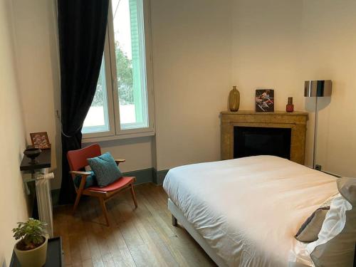 een slaapkamer met een bed en een stoel en een open haard bij Appartement Signature Art Déco in Valence