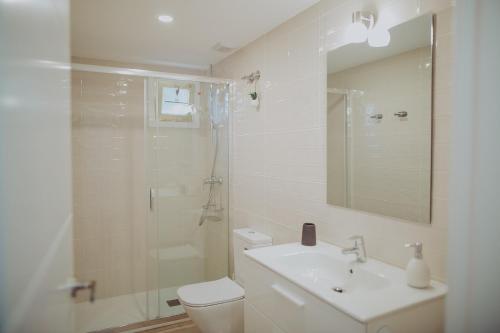 uma casa de banho com um WC, um lavatório e um chuveiro em Bonito apartamento con piscina. em Benidorm