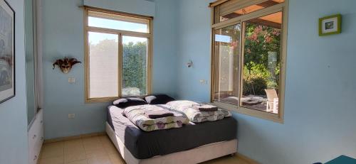 a room with a bed and a window at Aviv Beautiful Villa, 5 BR, Golan Heights in Giv'at Yo'av