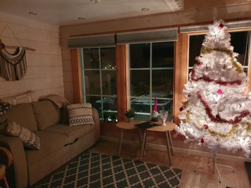 Ruang duduk di Stunning log cabin 45m2 on the shore of Kallavesi.