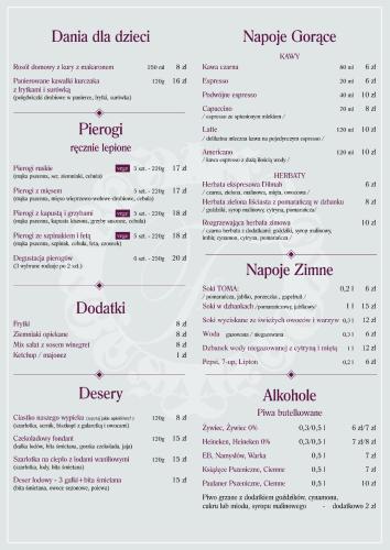a picture of the menu of the cafe at Pokoje De Luxe Figaro in Płock