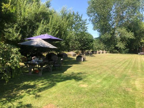 a picnic table with an umbrella in a yard at Wrens Nest in Axminster