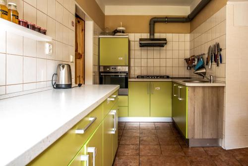 a kitchen with green cabinets and tile walls at Pension Styl in Bedřichov