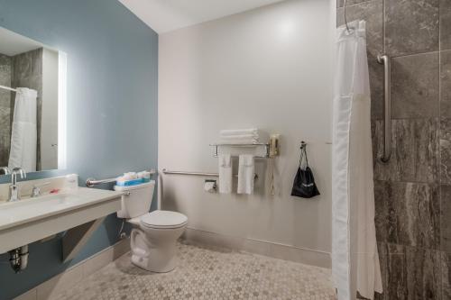 a bathroom with a toilet and a sink and a shower at SureStay Plus Hotel by Best Western Highland Poughkeepsie in Highland