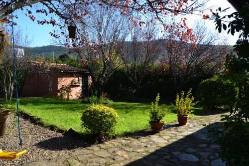 a garden with potted plants and a stone path at Naturaleza, Confort y Magnificas vistas a Sierra de Gata TR-CC-00490 in Gata
