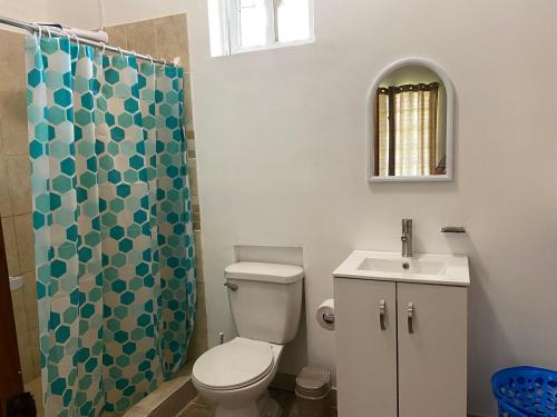 a bathroom with a toilet and a shower curtain at Studio Unit in Beautiful Resort in El Mangote