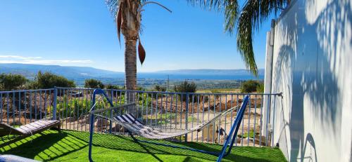 a hammock on a balcony with a palm tree at shmulik's resort couples or families only in Had Nes