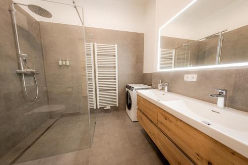 een badkamer met een douche, een wastafel en een douche bij BONNYSTAY - Downtown - Zentral - 5 Personen - Modern - Luxus - Design in Passau