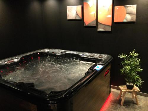 een grote hot tub in een kamer met een plant bij Détour d’un soir… in Saint-Inglevert