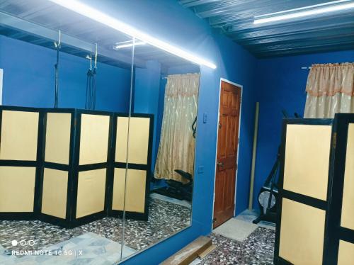 Cette chambre est dotée de murs bleus et d'un miroir. dans l'établissement Excellent Pleasantville Apartment, à San Fernando