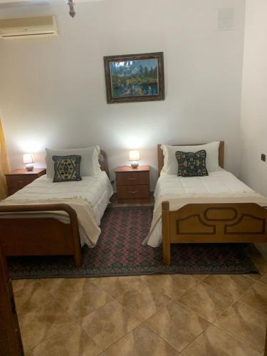 Zimmer mit 2 Betten und 2 Lampen an Tischen in der Unterkunft Vila Demaj in Berat