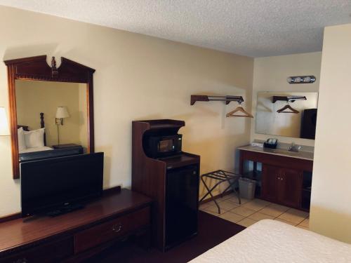a hotel room with a bed and a television and a mirror at Honeysuckle Inn in Mountain View