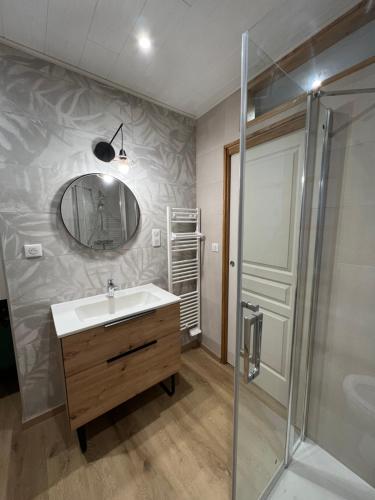 ein Bad mit einem Waschbecken und einer Dusche in der Unterkunft Maison rénovée au cœur du Haut-Jura in Entre-Deux-Monts