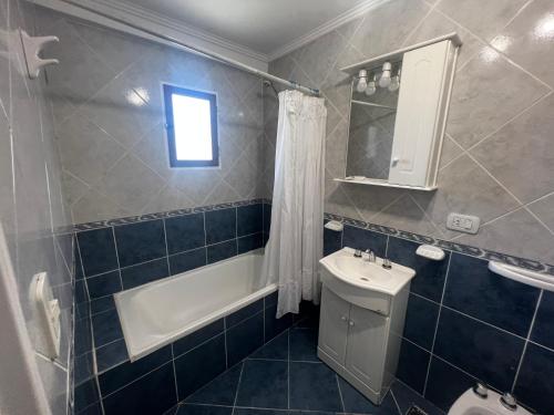 a bathroom with a tub and a sink and a toilet at Hosteria Yamile in El Calafate
