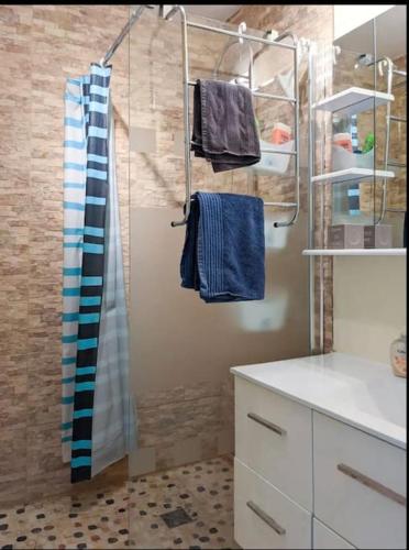 y baño con ducha, lavabo y toallas. en T1 proximité de Montpellier., en Juvignac