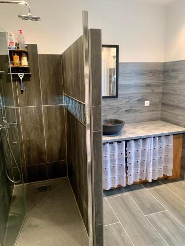 une salle de bain avec une douche, un lavabo et un comptoir dans l'établissement Vence T3 vue mer grande terrasse, à Vence