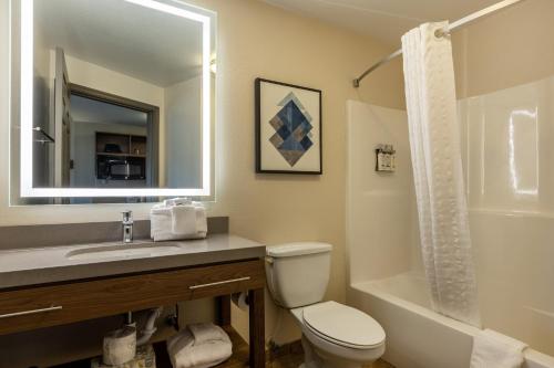 a bathroom with a toilet and a sink and a mirror at Candlewood Suites - Bluffton-Hilton Head by IHG in Bluffton