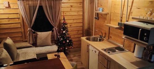 een keuken met een kerstboom in een blokhut bij Vikendica-Brvnara Pine in Pale