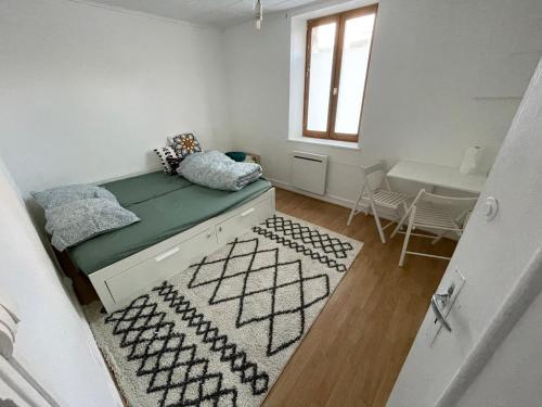 um quarto com uma cama com um tapete e uma janela em Charmant studio 2 pièces em Grenoble