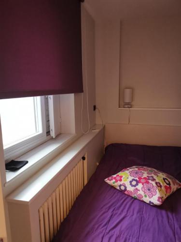 um quarto com uma cama com uma almofada e uma janela em MR. O Apartments Kopaonik em Kopaonik
