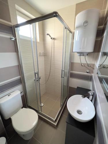 a bathroom with a shower and a toilet and a sink at Hany Sweet in Niš