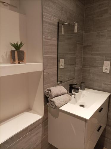 une salle de bain avec un lavabo blanc et un miroir dans l'établissement Appartement calme, à Saint-Maixent-lʼÉcole